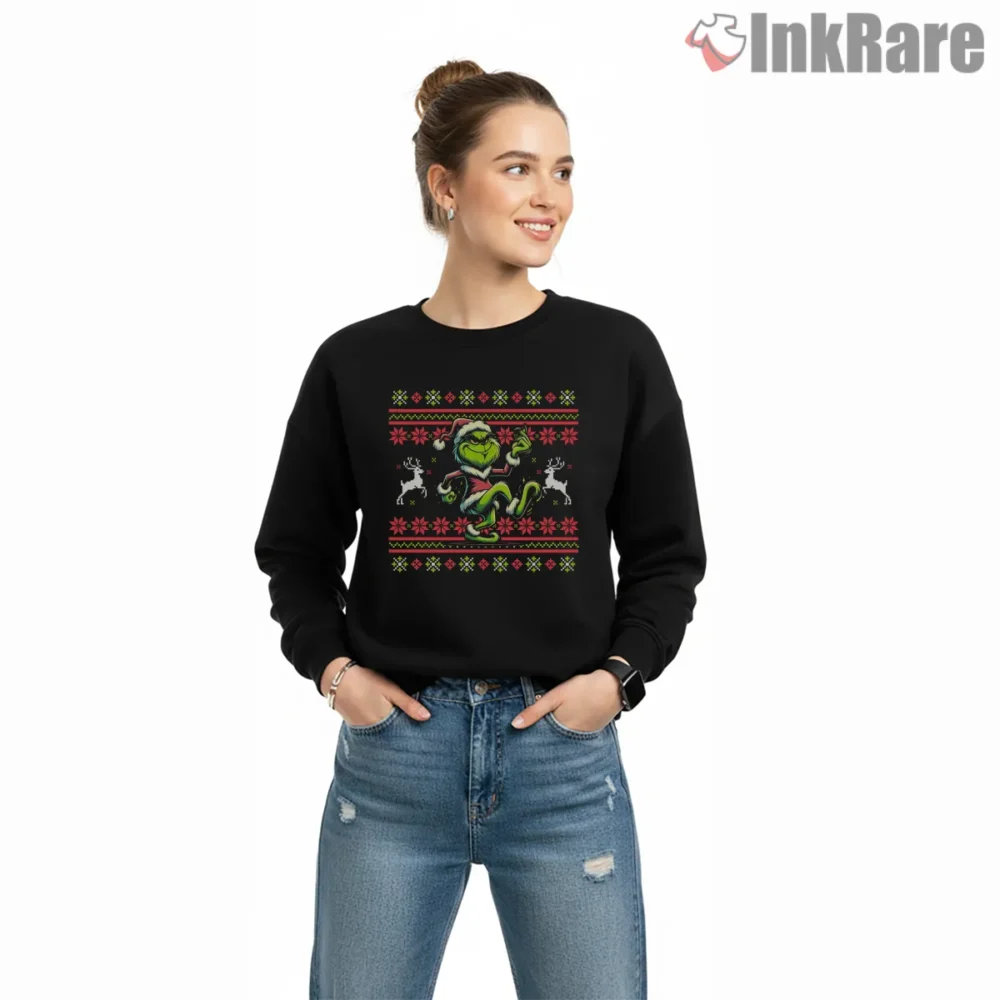 Festive Grinch Sweater Dance Pattern Christmas Shirt on graphic shirt for women graphic tee