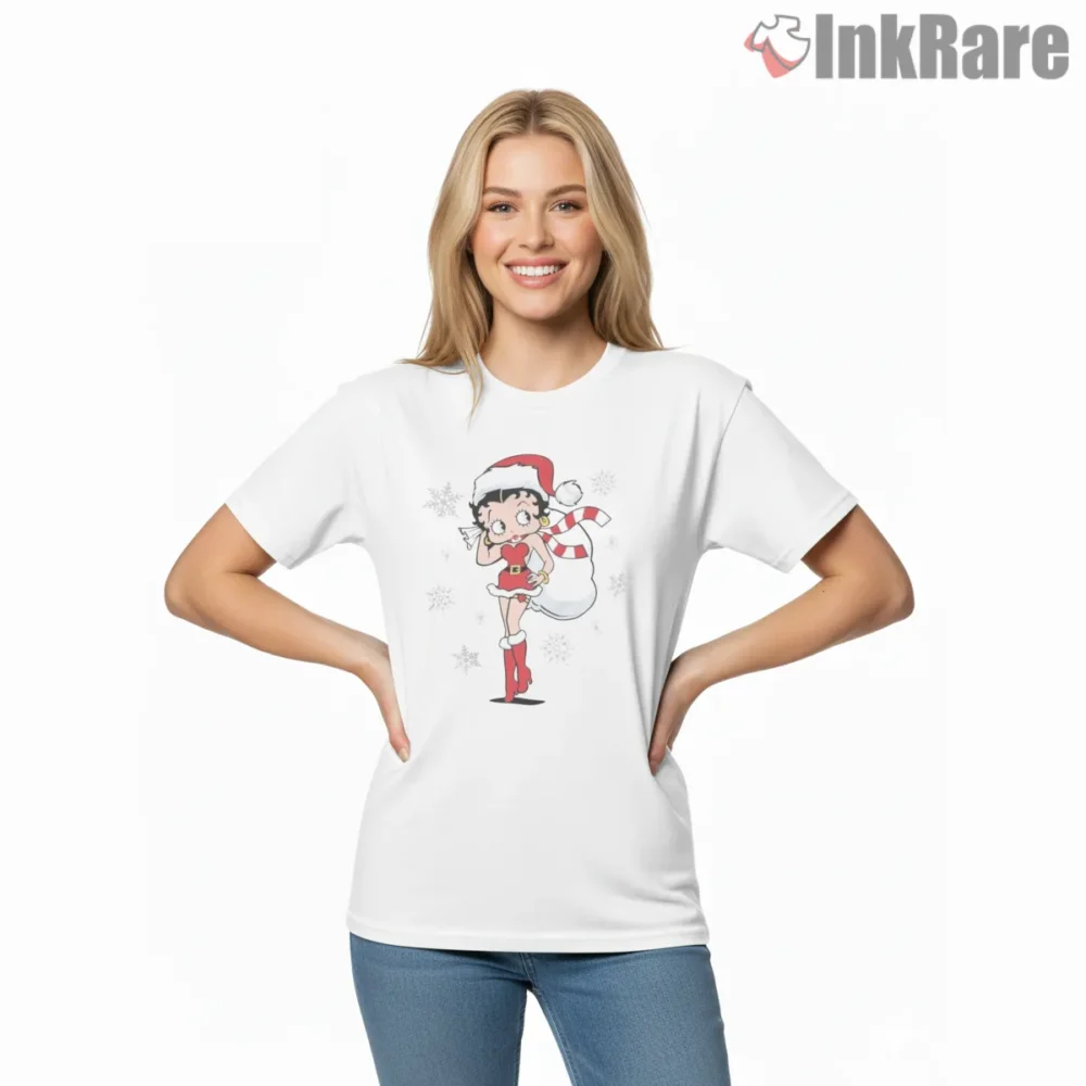 Festive Santa Dress Betty Boop Snowflake Holiday Shirt on white short sleeve shirt for women graphic tee