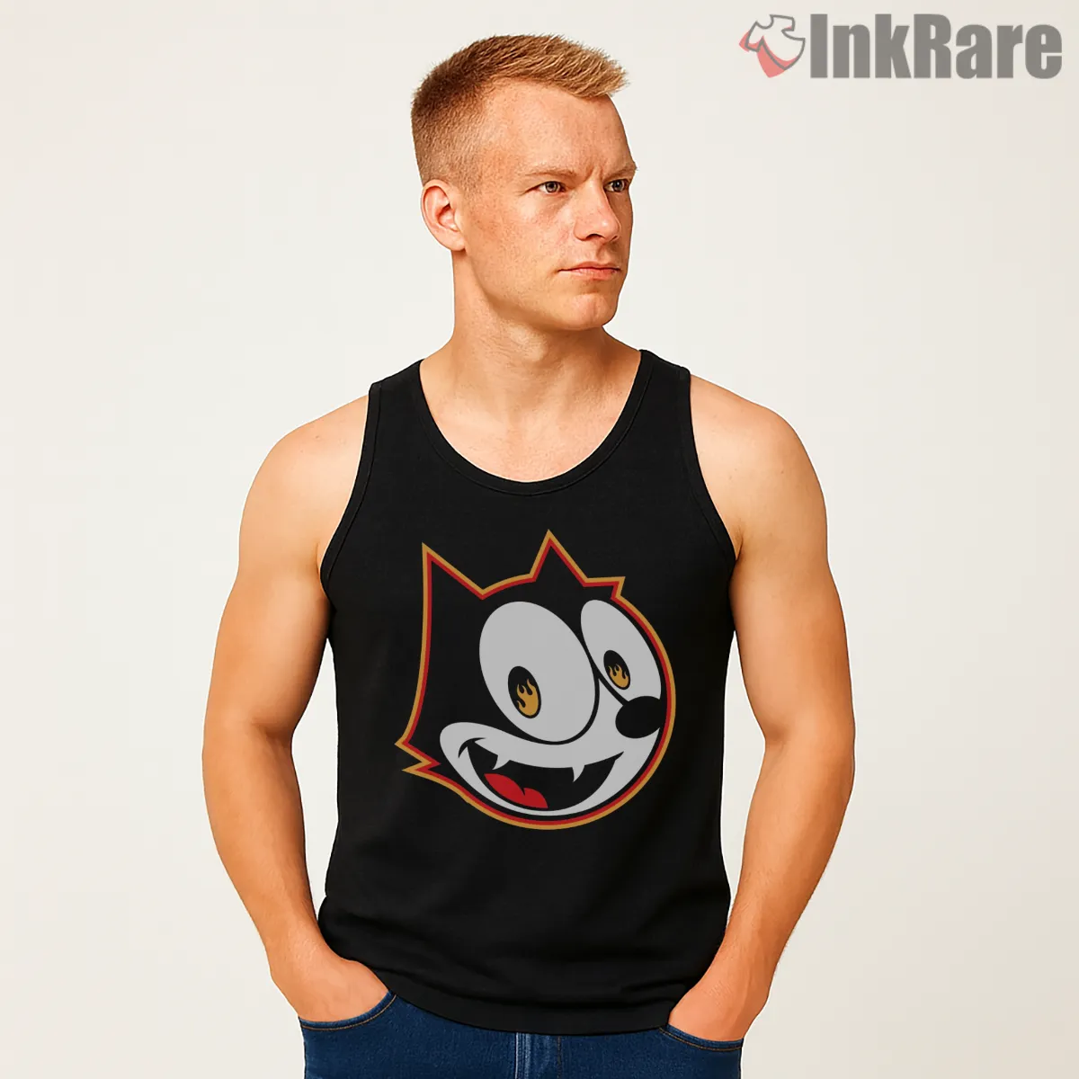 Fiery Felix The Cat Hot Head Shirt on black tank top for men graphic tee