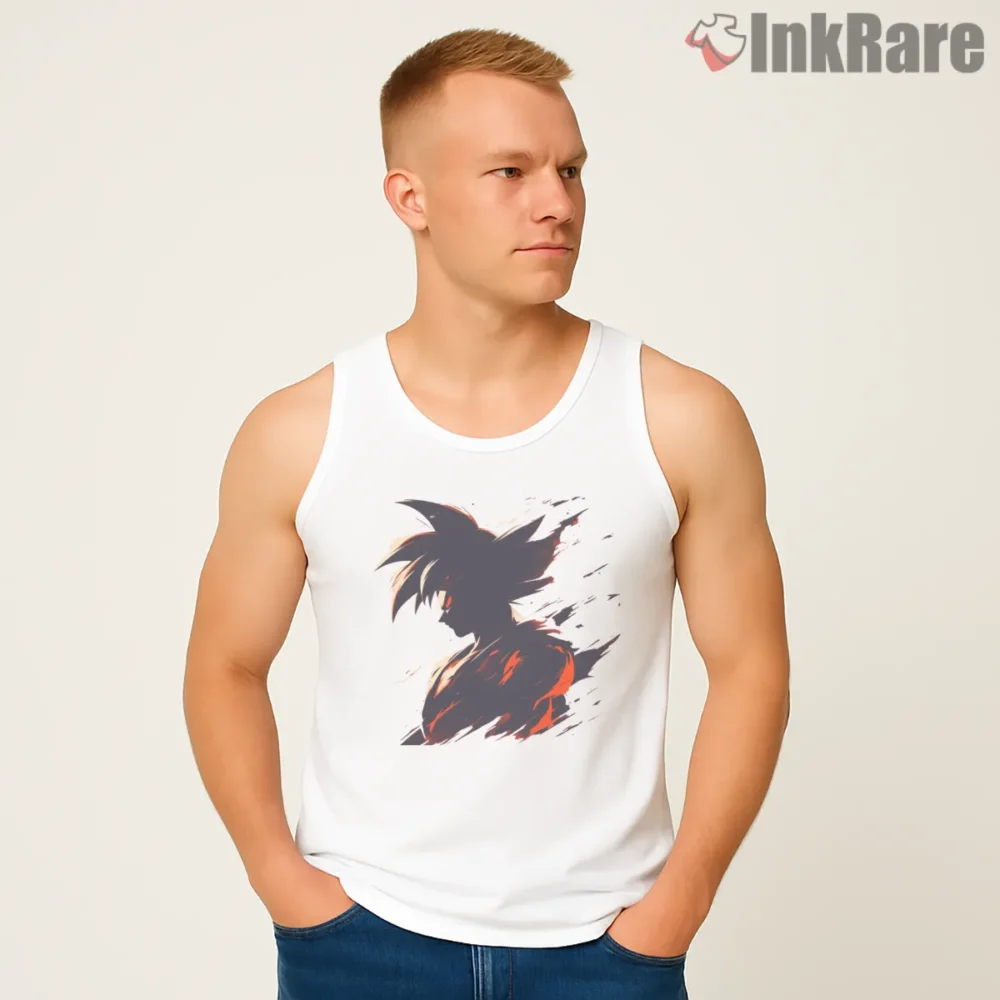 Fiery Goku Brush Silhouette Shirt on white tank top for men graphic tee