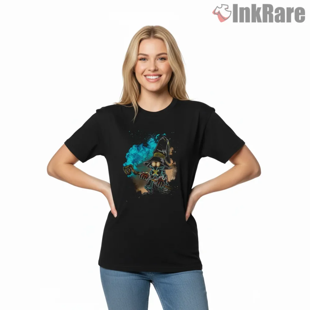 Final Fantasy Black Mage Arcane Energy Neon Glow Shirt on black short sleeve shirt for women graphic tee