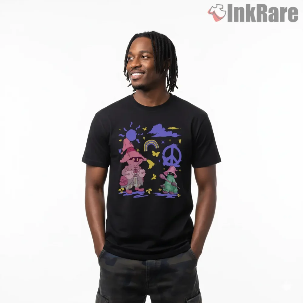 Final Fantasy Black Mage Peace Symbol Retro Graphic Shirt on black short sleeve shirt for men graphic tee