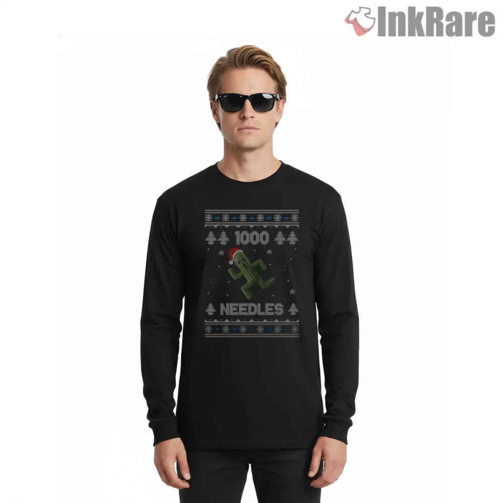 Final Fantasy Cactuar 1000 Needles Holiday Knit Pattern Shirt on black long sleeve shirt for men graphic tee