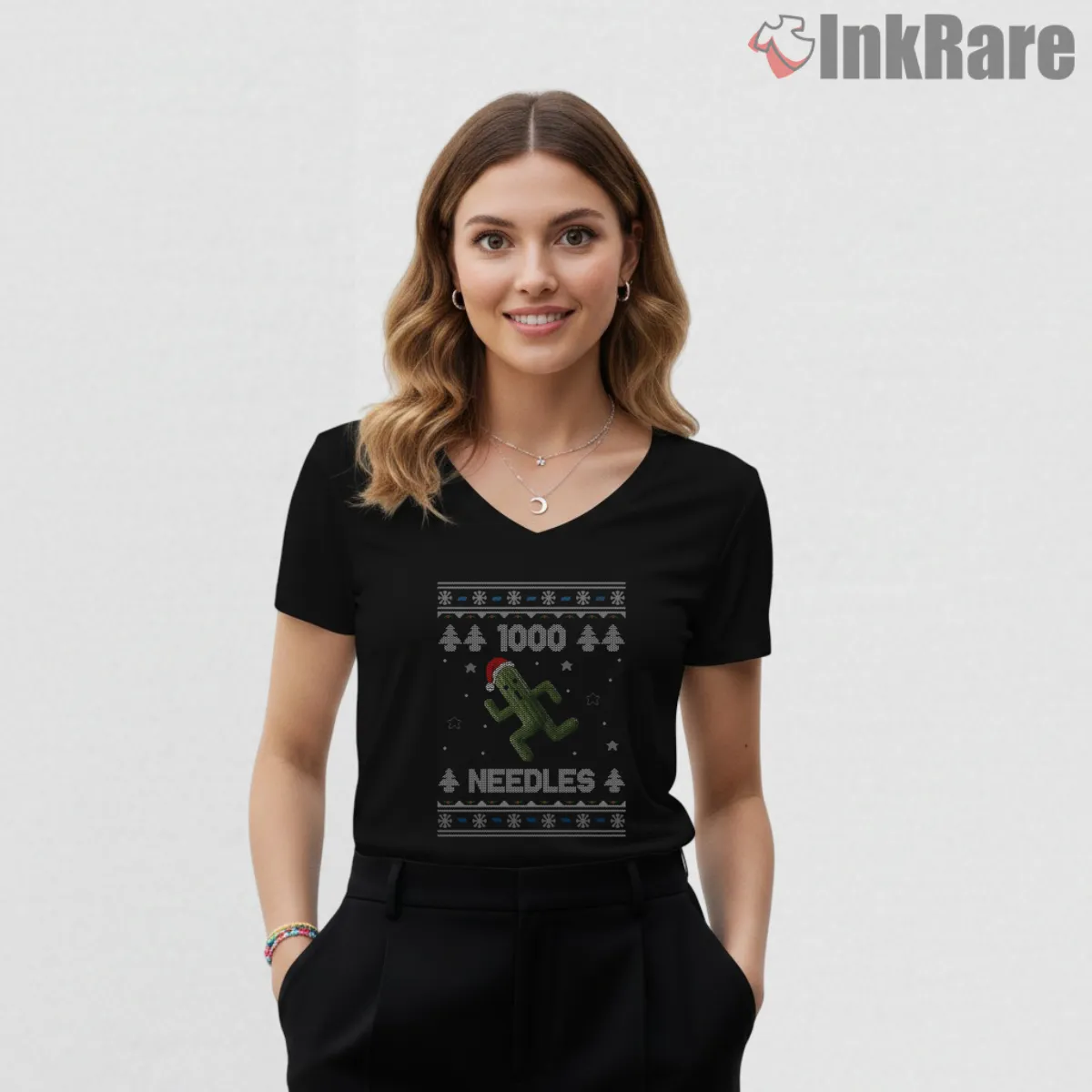 Final Fantasy Cactuar 1000 Needles Holiday Knit Pattern V Neck Black Final Fantasy Cactuar 1000 Needles Holiday Knit Pattern Shirt on black v-neck shirt for women graphic tee