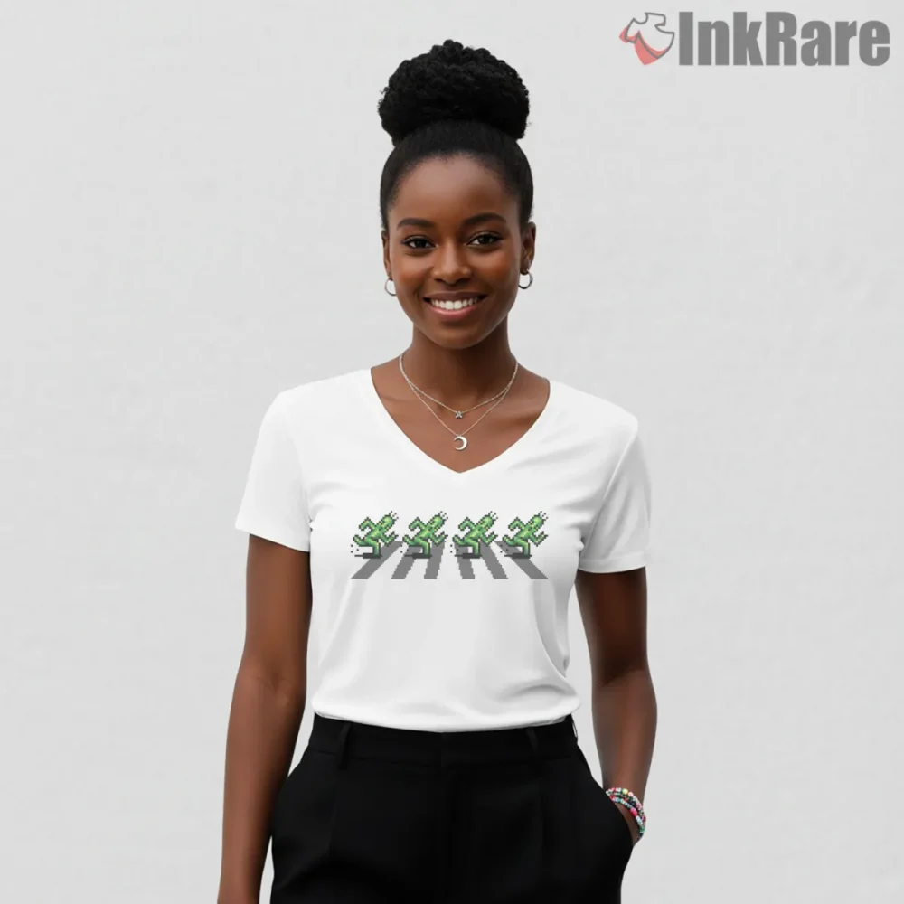 Final Fantasy Cactuar Crossing Parody Pixel Street Shirt on white v-neck shirt for women graphic tee