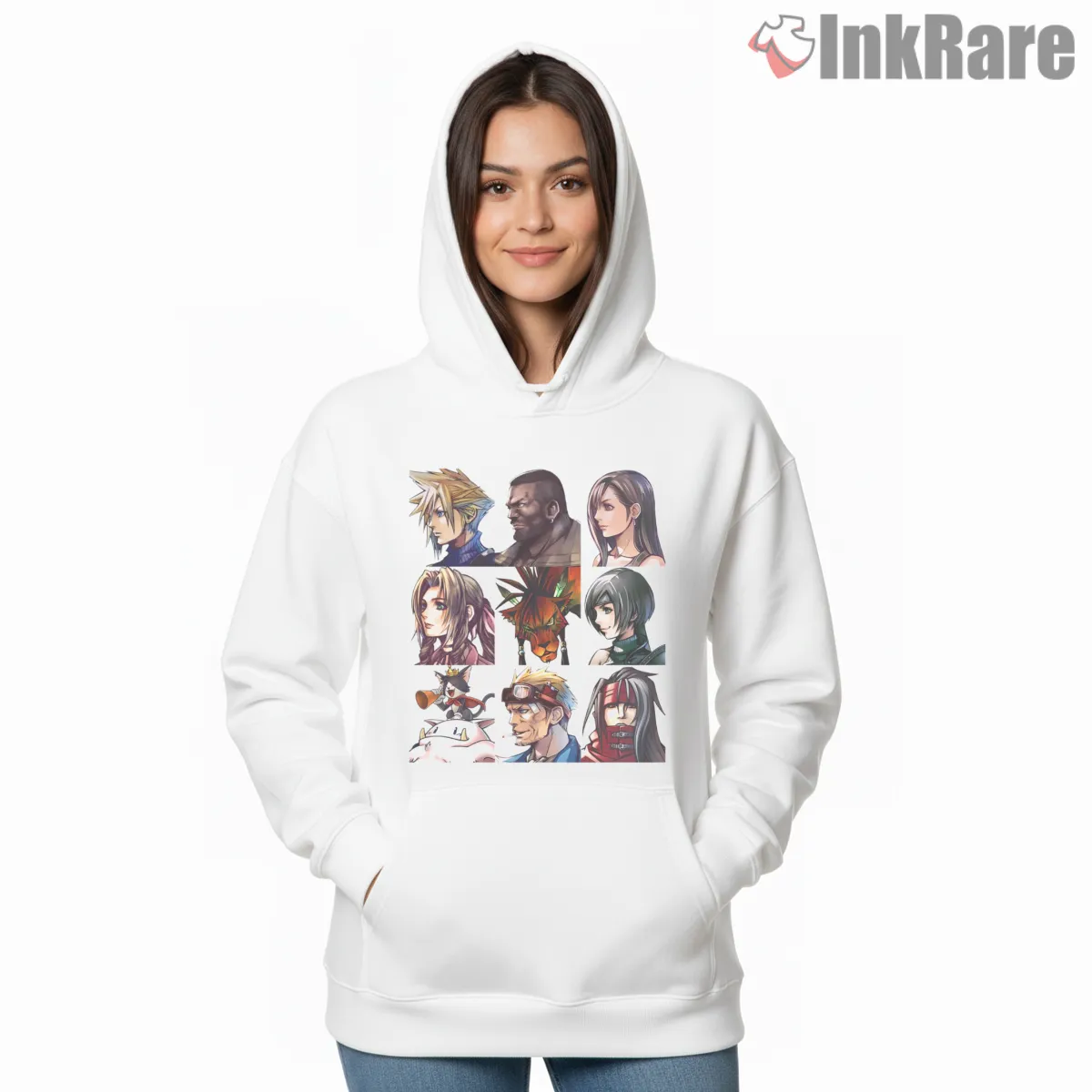 Final Fantasy Character Portrait Grid Anime Collage Hoodie White Final Fantasy Character Portrait Grid Anime Collage Shirt on white hoodie for women graphic tee