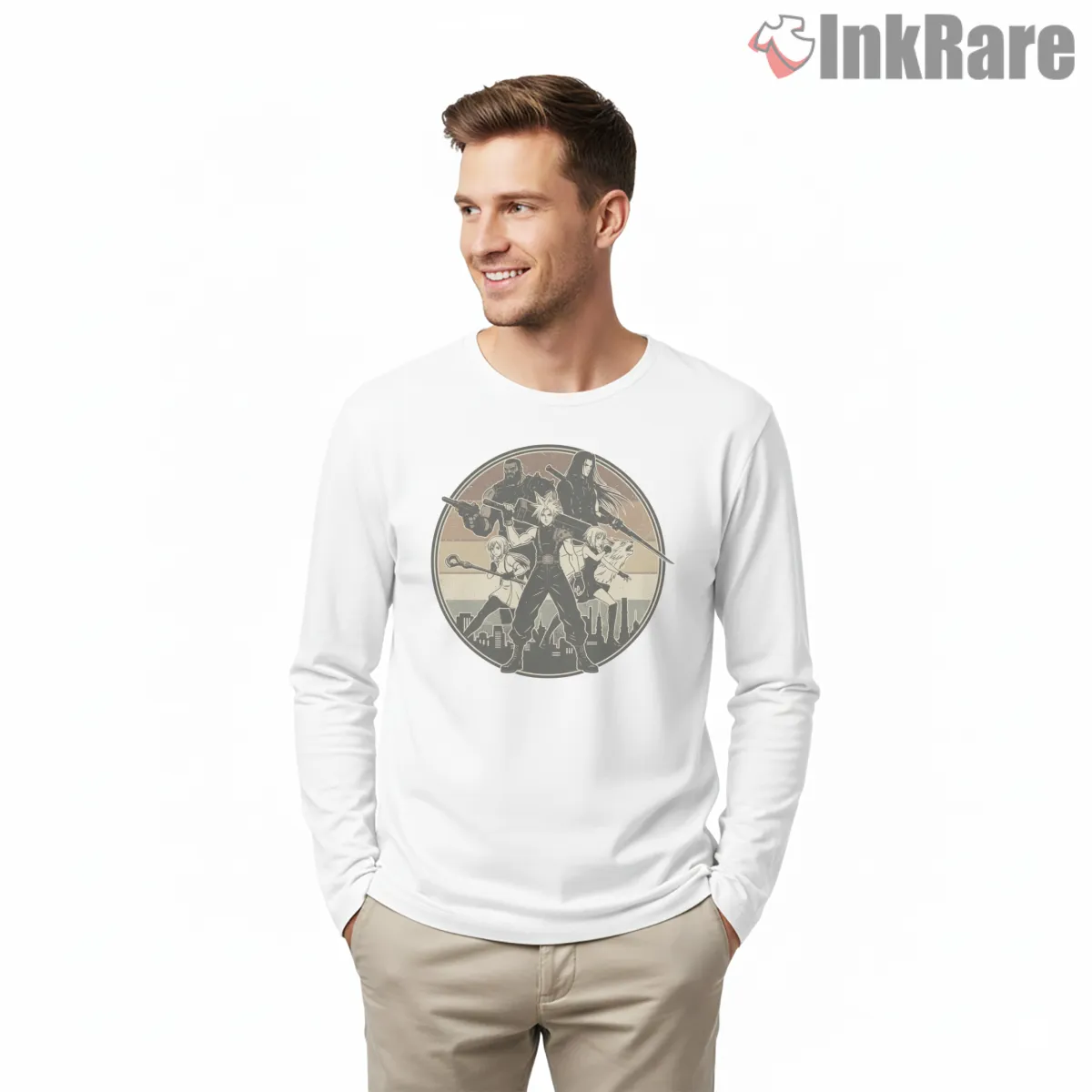 Final Fantasy Character Vintage Poster Style Retro Ensemble Shirt on white long sleeve shirt for men graphic tee