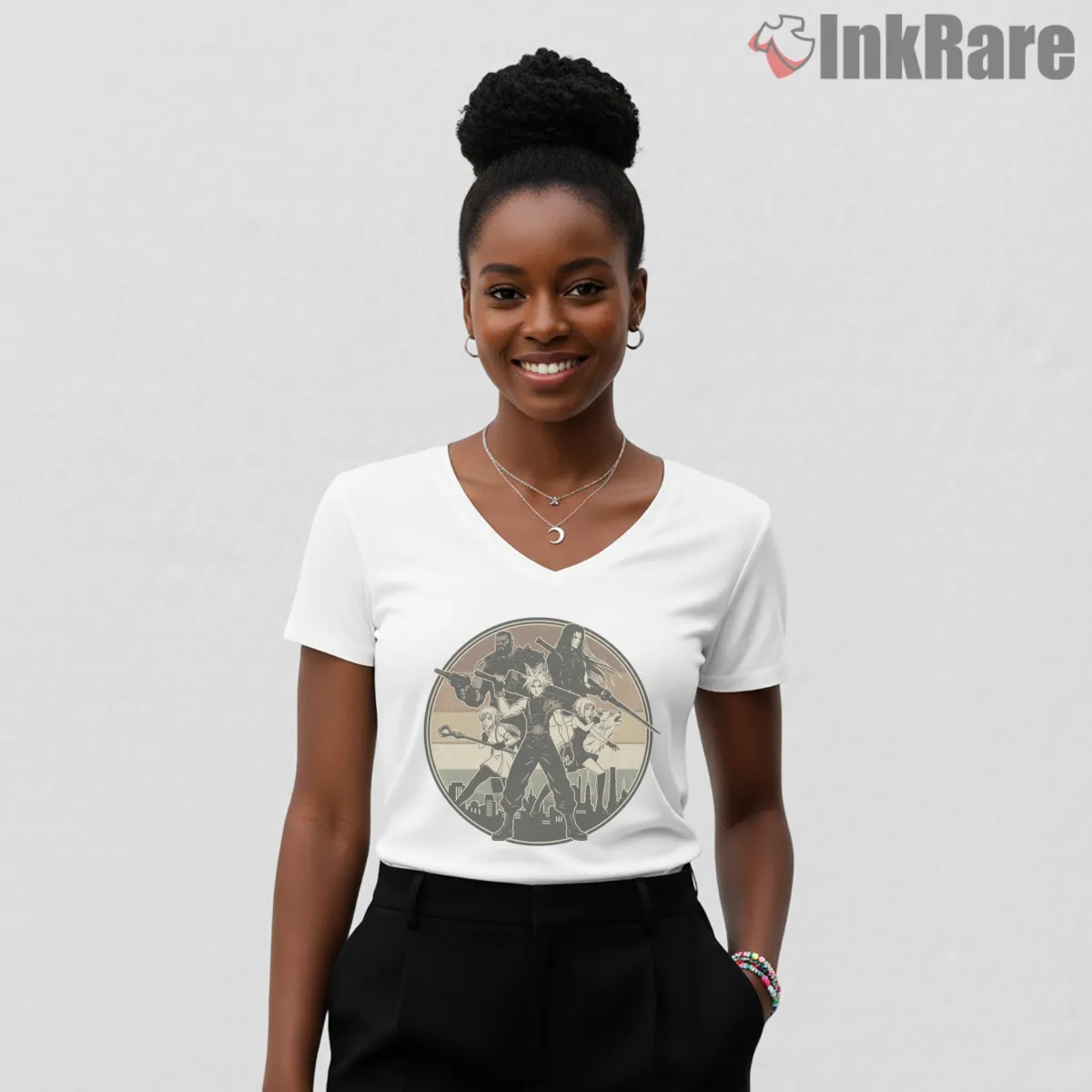 Final Fantasy Character Vintage Poster Style Retro Ensemble V Neck White Final Fantasy Character Vintage Poster Style Retro Ensemble Shirt on white v-neck shirt for women graphic tee