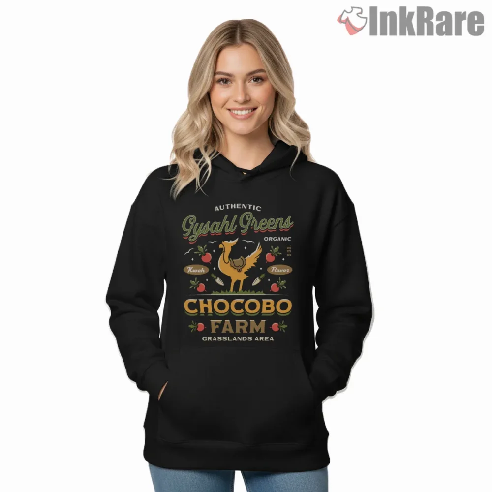 Final Fantasy Chocobo Gysahl Greens Farm Vintage Badge Shirt on black hoodie for women graphic tee