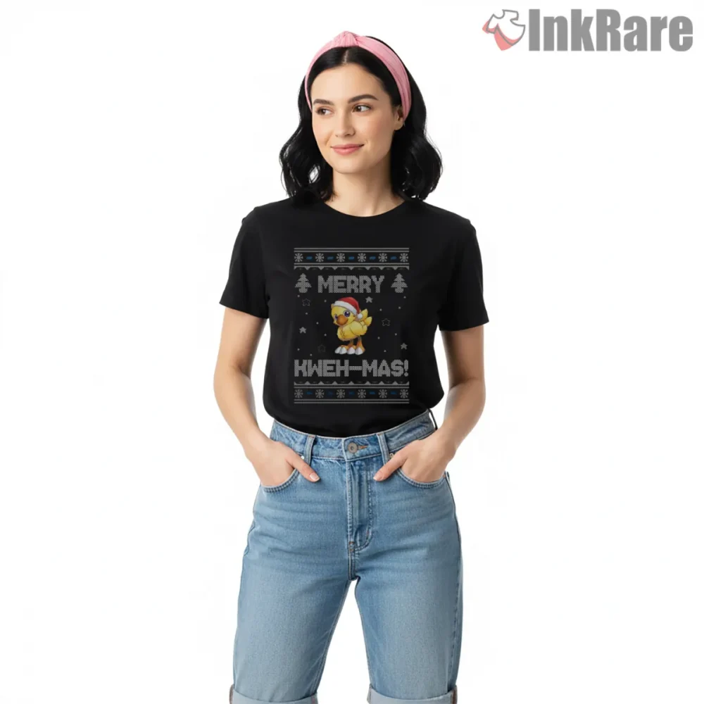 Final Fantasy Chocobo Merry Kwehmas Holiday Knit Shirt on black short sleeve shirt for women graphic tee
