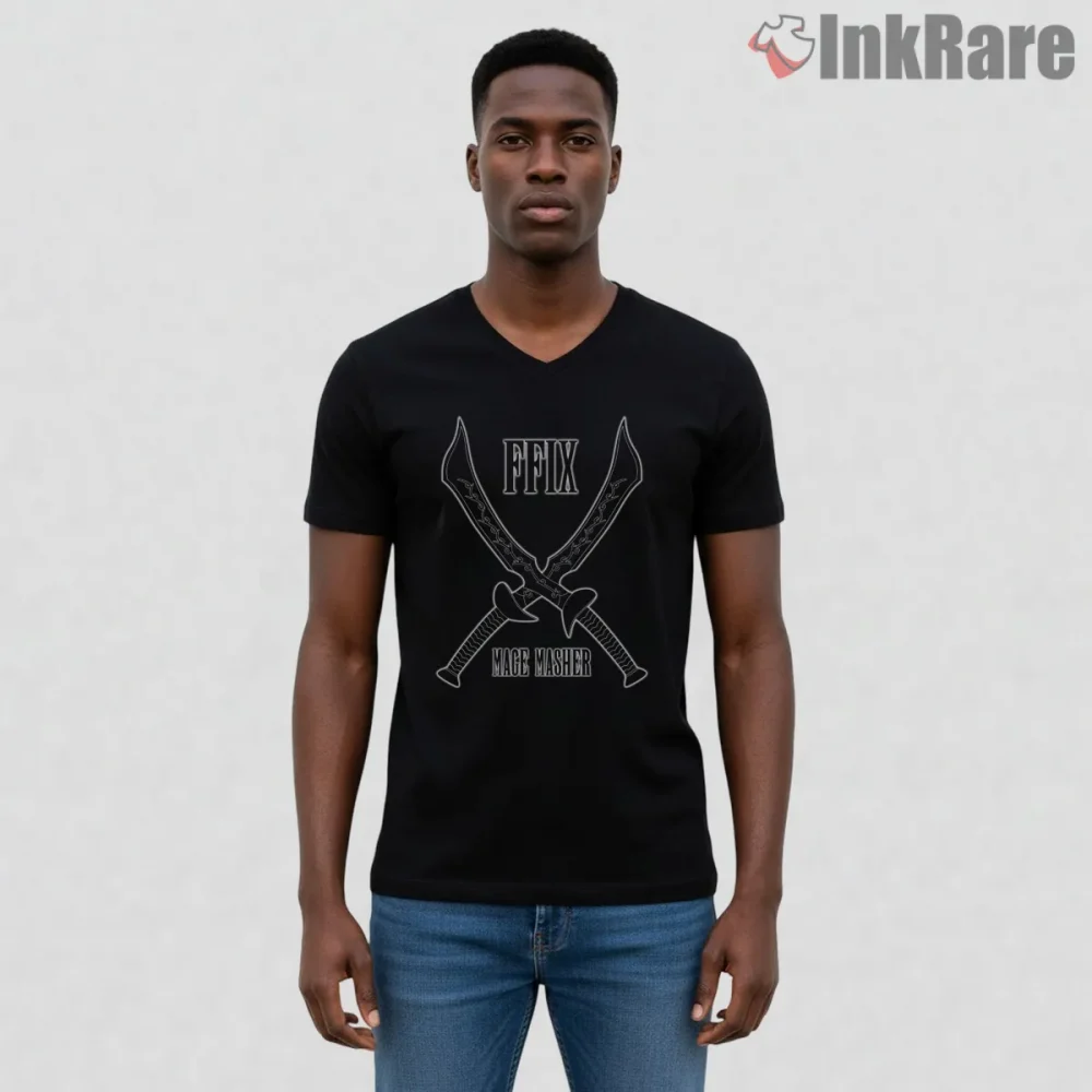 Final Fantasy Ix Mage Masher Twin Blade Crest Shirt on black v-neck shirt for men graphic tee