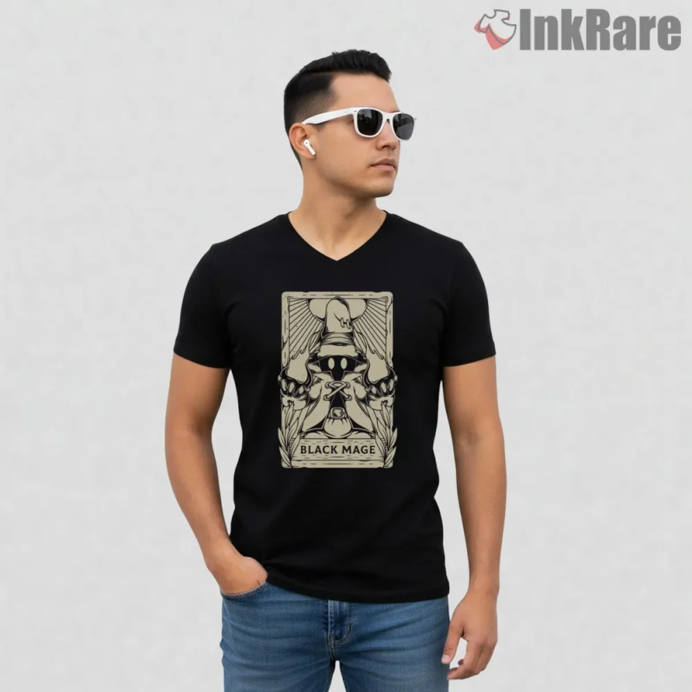 Final Fantasy Ix Vivi Black Mage Tarot Card Vintage Shirt on black v-neck shirt for men graphic tee