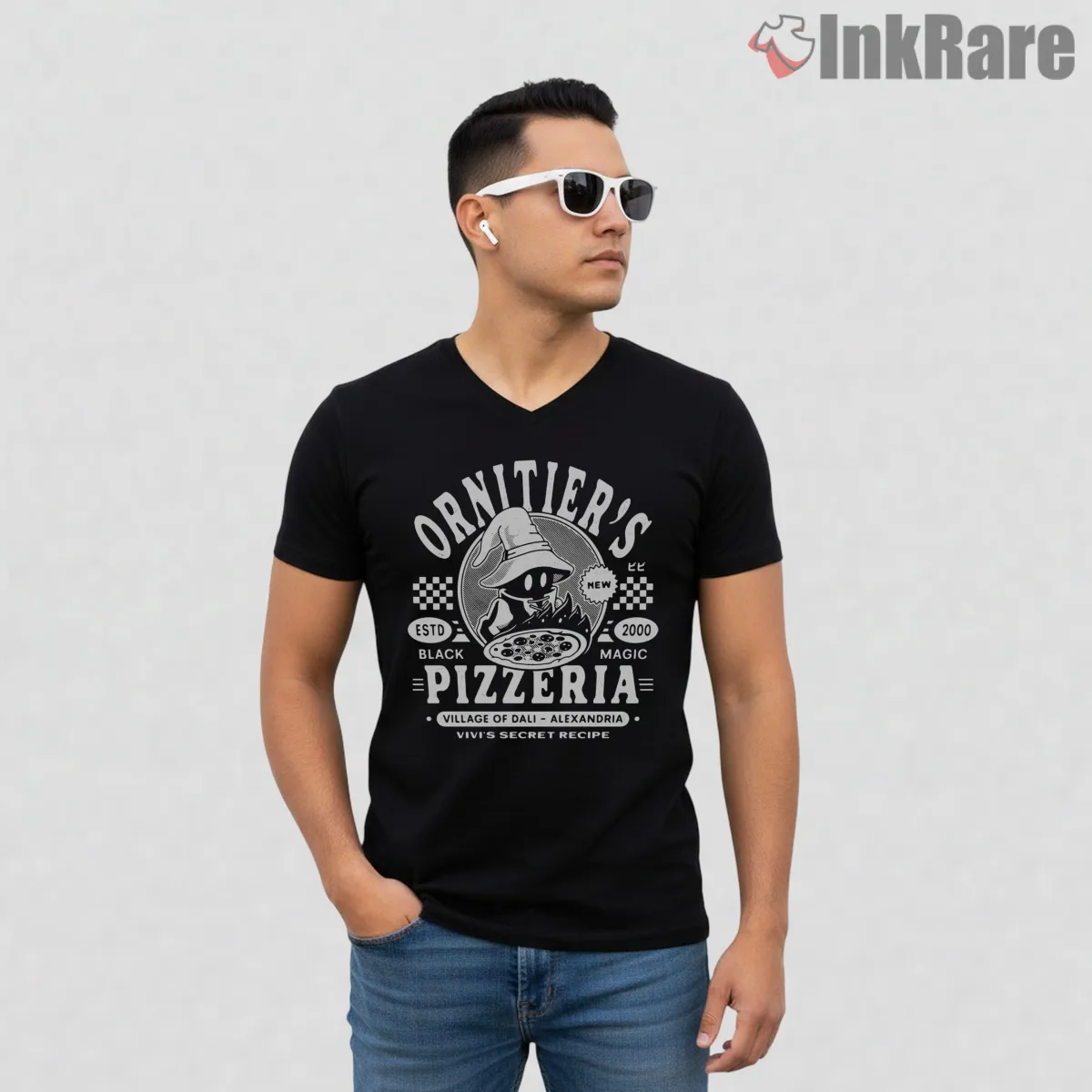 Final Fantasy Ix Vivi Ornitier Pizzeria Vintage Logo Shirt on black v-neck shirt for men graphic tee