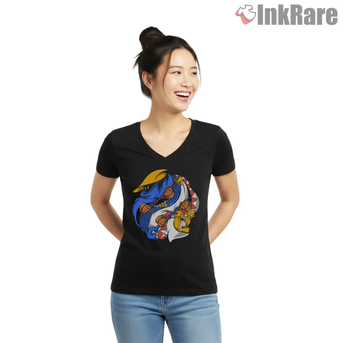 Final Fantasy Mage Balance Elemental Duel V Neck Black Final Fantasy Mage Balance Elemental Duel Shirt on black v-neck shirt for women graphic tee