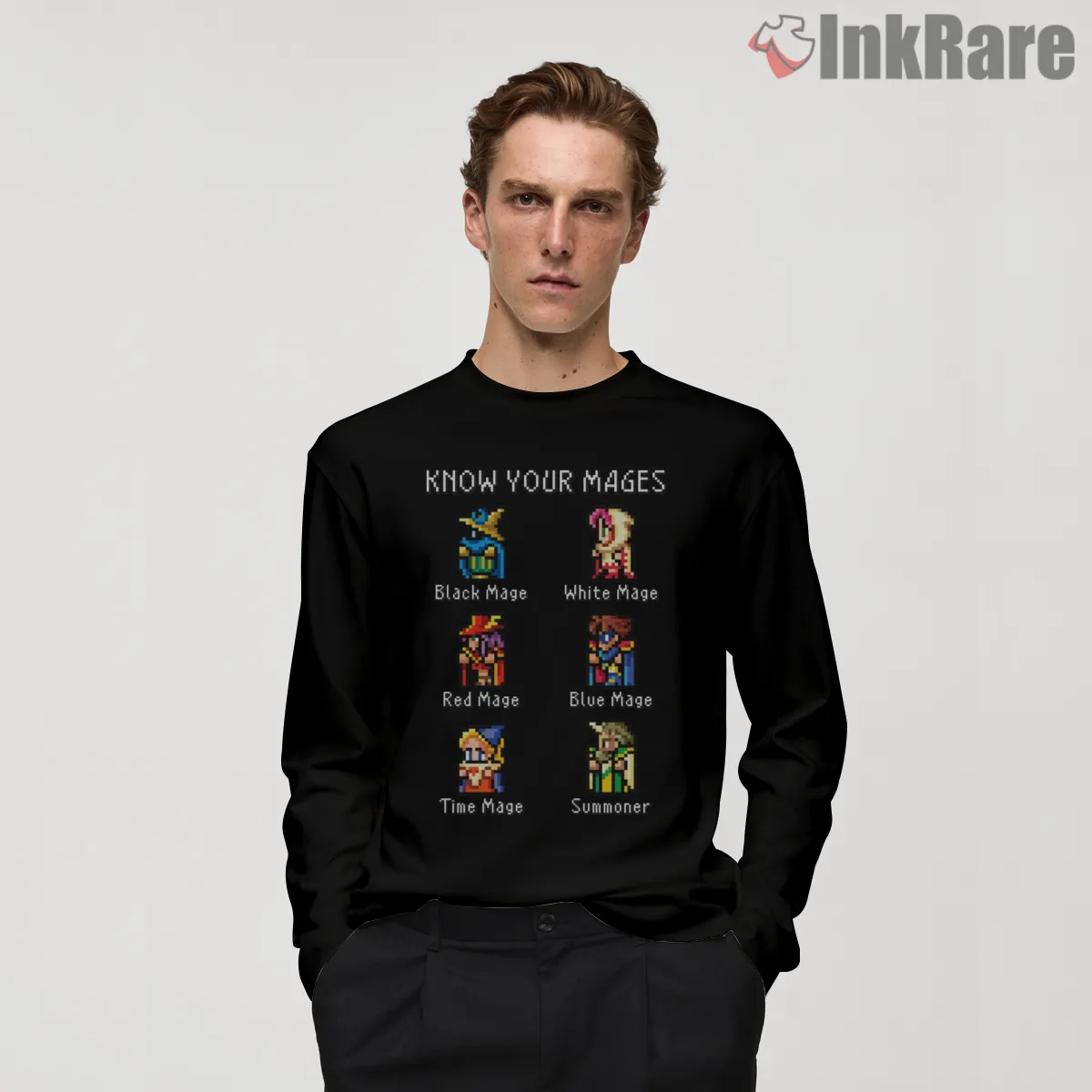 Final Fantasy Mage Classes Pixel Guide Retro Gaming Shirt on black long sleeve shirt for men graphic tee