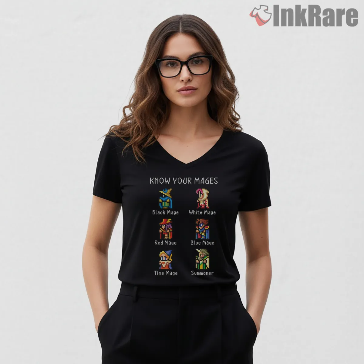 Final Fantasy Mage Classes Pixel Guide Retro Gaming V Neck Black Final Fantasy Mage Classes Pixel Guide Retro Gaming Shirt on black v-neck shirt for women graphic tee