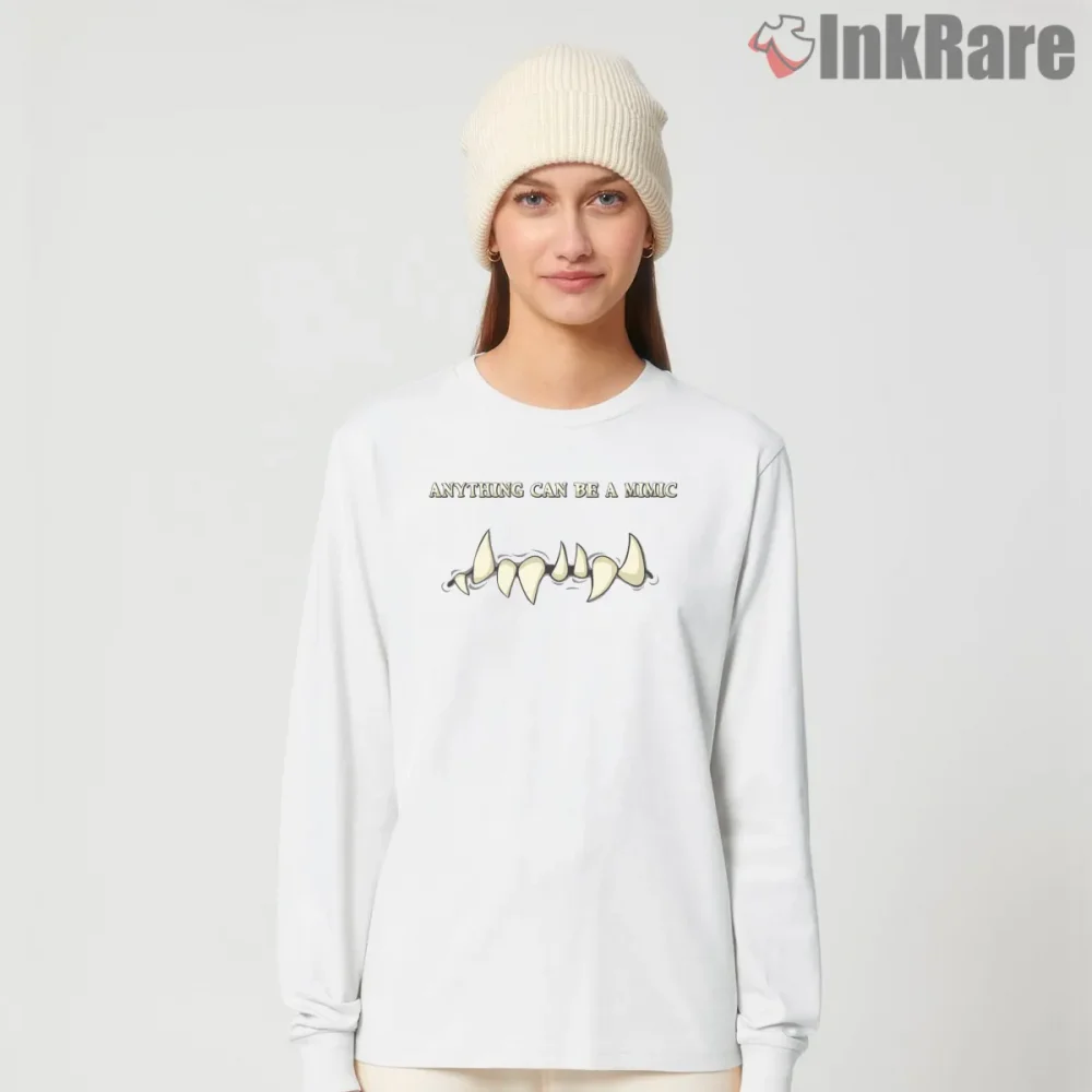 Final Fantasy Mimic Humor Minimal Monster Teeth Shirt on white long sleeve shirt for women graphic tee