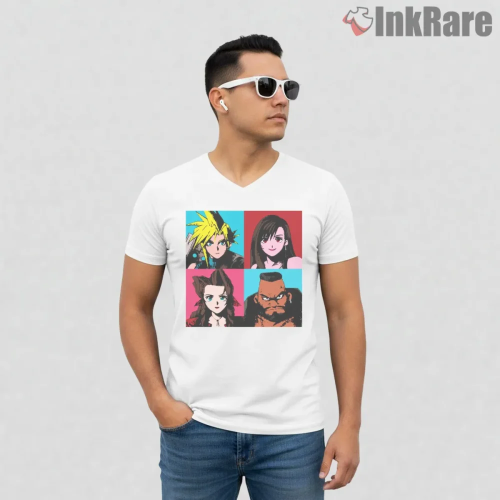 Final Fantasy Pop Art Character Grid Warhol Style Shirt on white v-neck shirt for men graphic tee