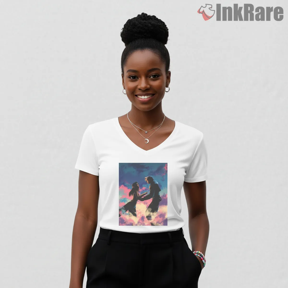 Final Fantasy Romantic Couple Silhouette Dreamscape V Neck White Final Fantasy Romantic Couple Silhouette Dreamscape Shirt on white v-neck shirt for women graphic tee
