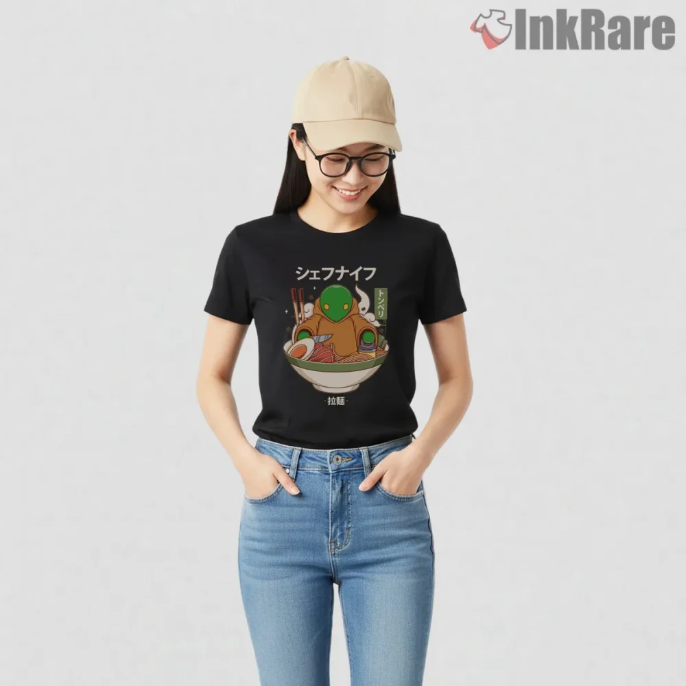 Final Fantasy Tonberry Ramen Bowl Cute Crossover Shirt on black short sleeve shirt for women graphic tee