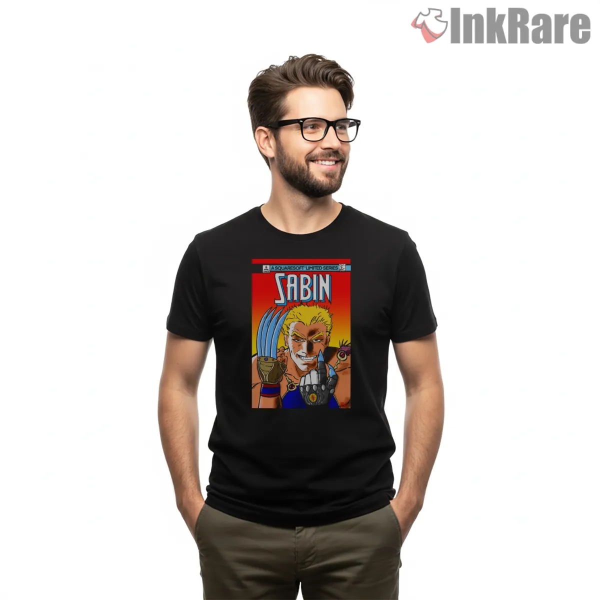 Final Fantasy Vi Sabin Retro Anime Portrait Shirt on black short sleeve shirt for men graphic tee