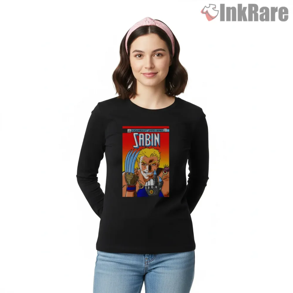 Final Fantasy Vi Sabin Retro Anime Portrait Shirt on black long sleeve shirt for women graphic tee