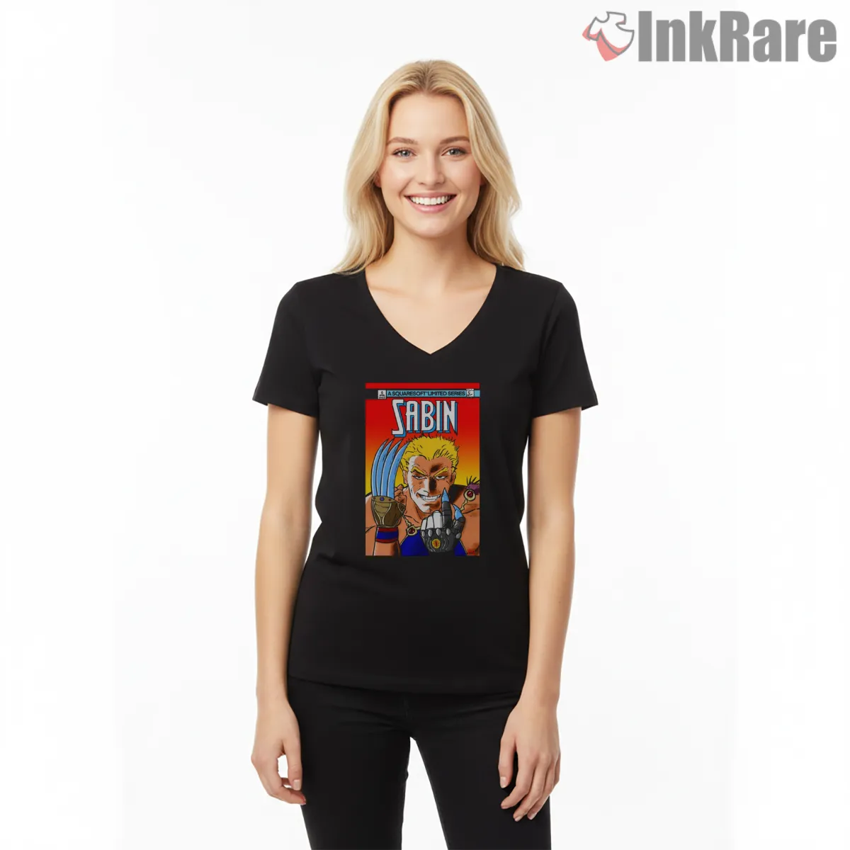 Final Fantasy Vi Sabin Retro Anime Portrait V Neck Black Final Fantasy Vi Sabin Retro Anime Portrait Shirt on black v-neck shirt for women graphic tee