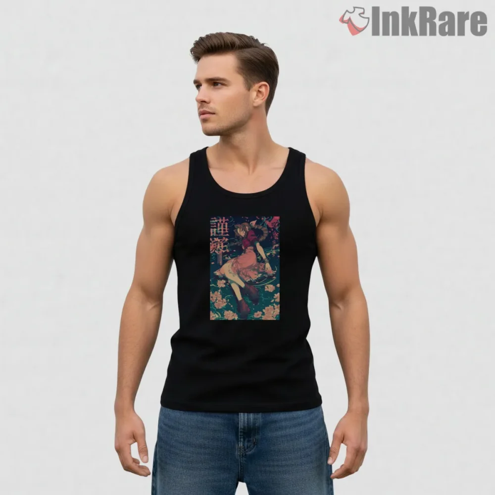 Final Fantasy Vii Aerith Dreamy Night Floral Portrait Shirt on black tank top for men graphic tee