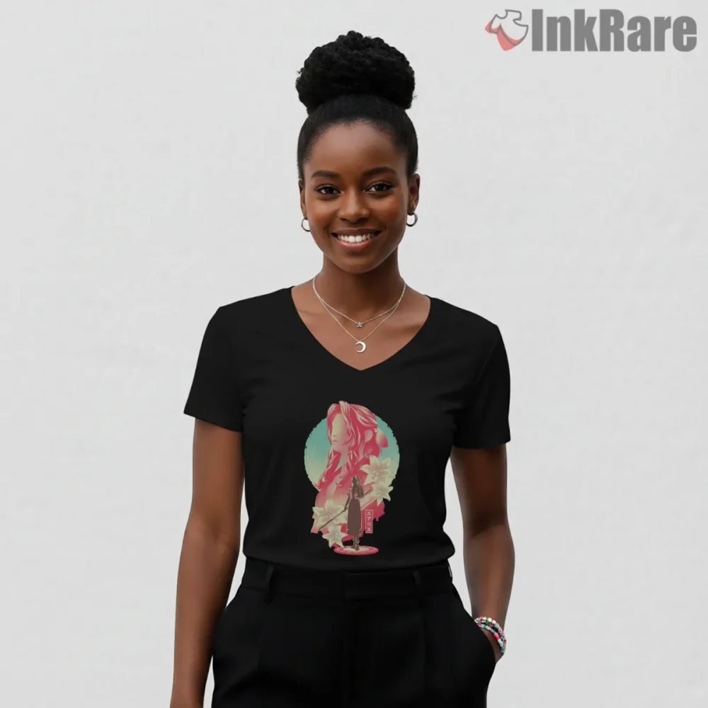 Final Fantasy Vii Aerith Flower Girl Soft Glow Portrait Shirt on black v-neck shirt for women graphic tee
