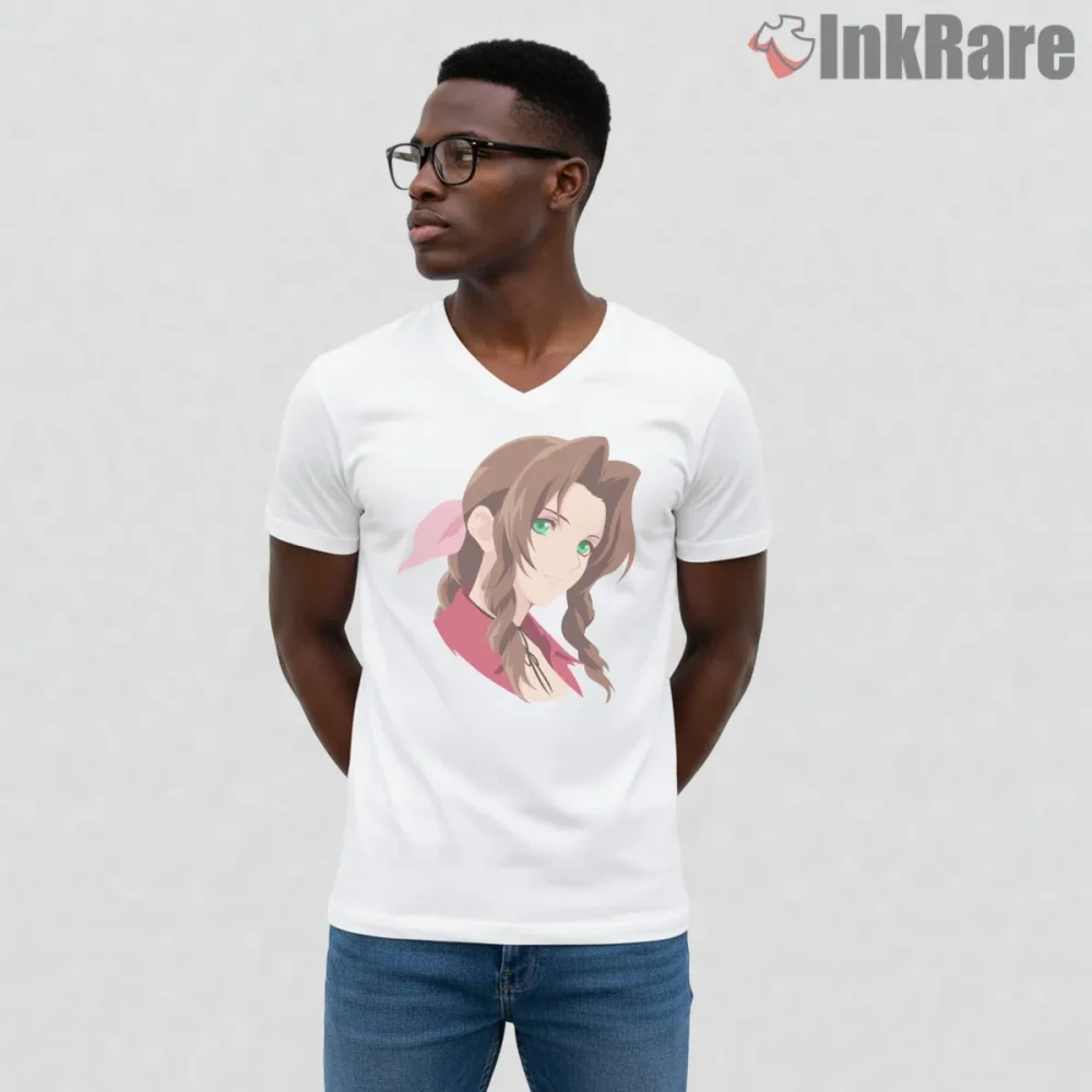 Final Fantasy Vii Aerith Minimalist Soft Line Portrait Shirt on white v-neck shirt for men graphic tee