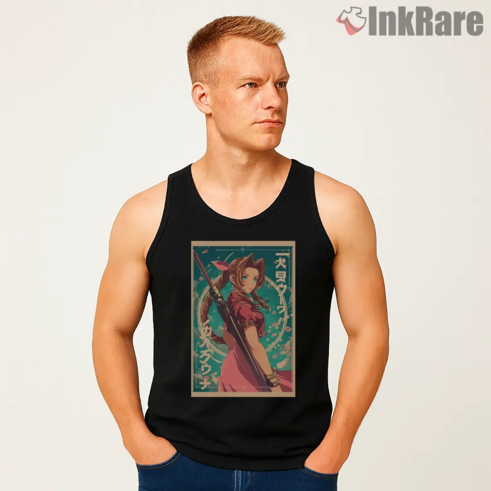 Final Fantasy Vii Aerith Vintage Japanese Poster Style Shirt on black tank top for men graphic tee