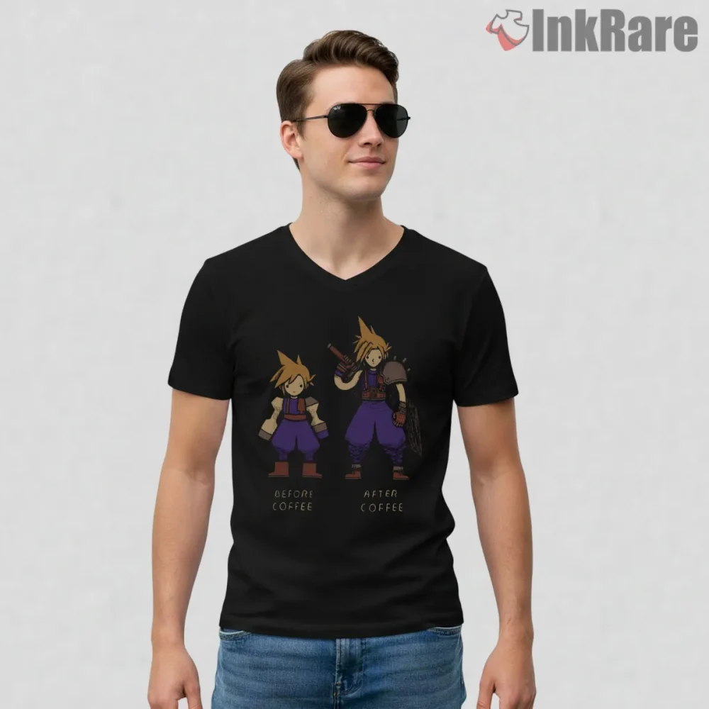 Final Fantasy Vii Before After Coffee Pixel Humor Shirt on black v-neck shirt for men graphic tee