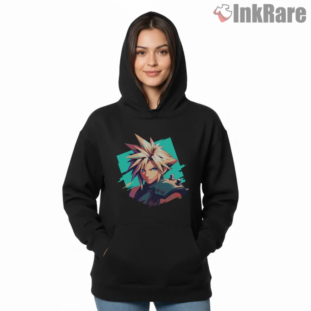 Final Fantasy Vii Cloud Strife Geometric Modern Portrait Shirt on black hoodie for women graphic tee