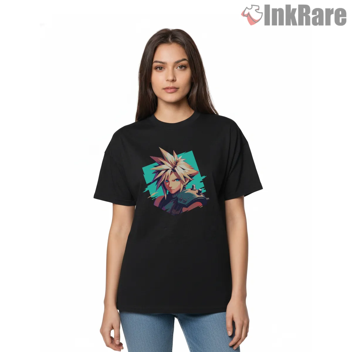 Final Fantasy Vii Cloud Strife Geometric Modern Portrait Short Sleeve Black Final Fantasy Vii Cloud Strife Geometric Modern Portrait Shirt on black short sleeve shirt for women graphic tee