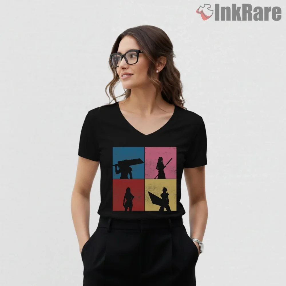 Final Fantasy Vii Crossed Heroes Pop Art Panel Shirt on black v-neck shirt for women graphic tee