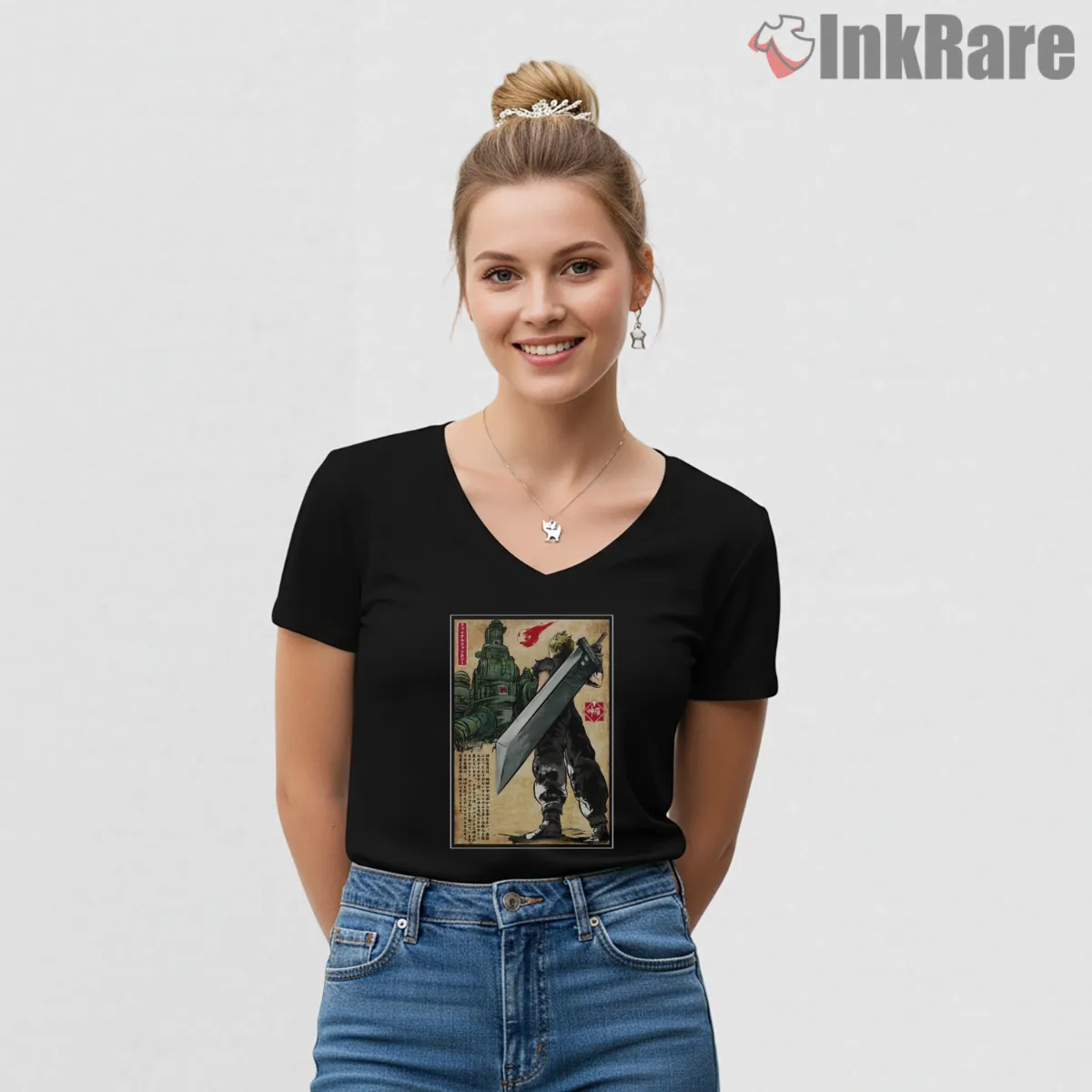 Final Fantasy Vii Midgar Welcome Back Vintage Travel Poster V Neck Black Final Fantasy Vii Midgar Welcome Back Vintage Travel Poster Shirt on black v-neck shirt for women graphic tee