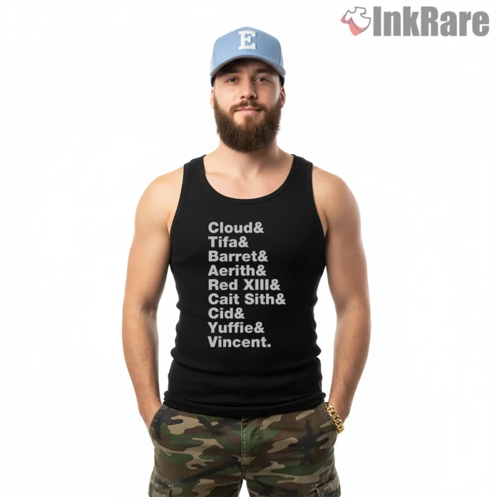 Final Fantasy Vii Party Names Typography Minimal Shirt on black tank top for men graphic tee