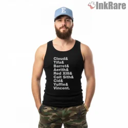 Final Fantasy Vii Party Names Typography Minimal Shirt on black tank top for men graphic tee