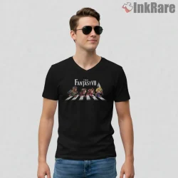 Final Fantasy Vii Road Trip Chibi Party Abbey Style Shirt on black v-neck shirt for men graphic tee