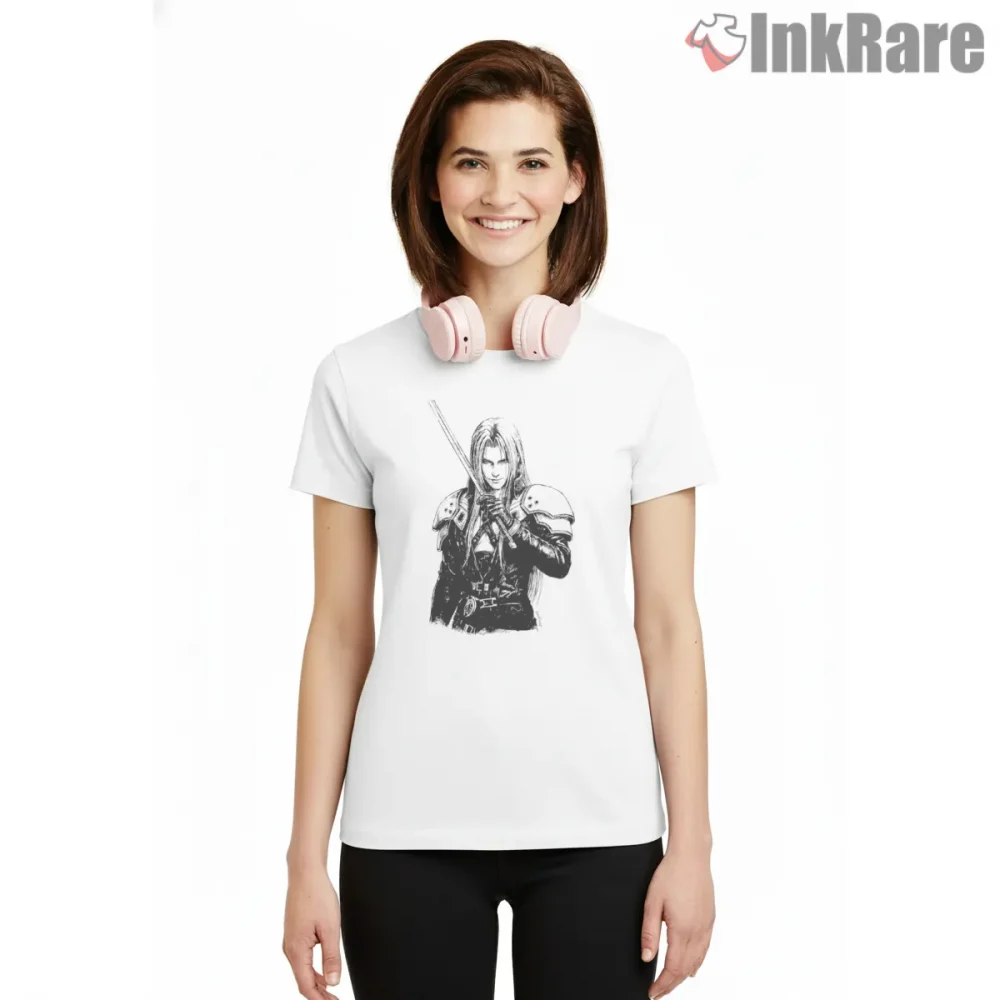 Final Fantasy Vii Sephiroth Detailed Line Art Portrait Shirt on white short sleeve shirt for women graphic tee