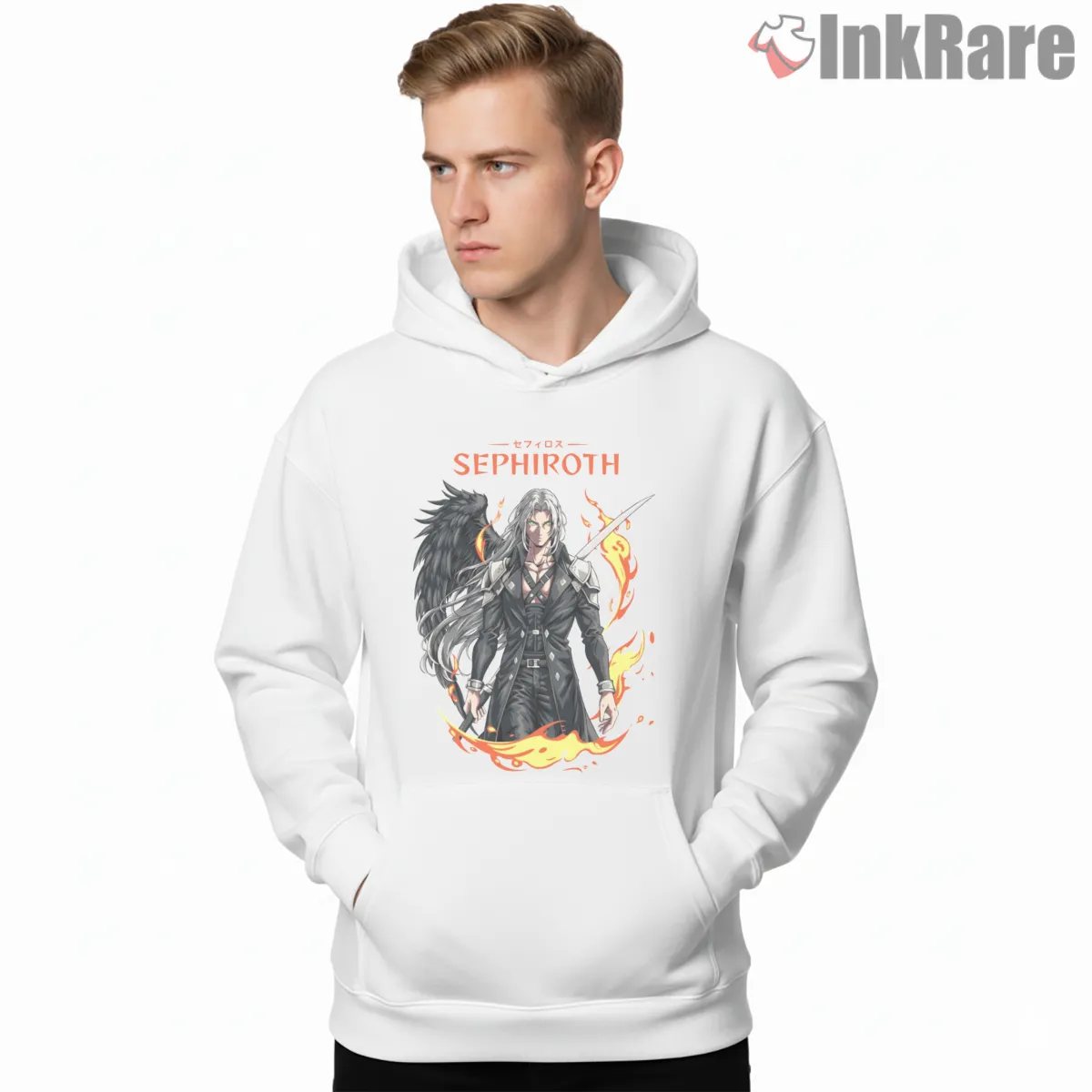 Final Fantasy Vii Sephiroth Fallen Angel Flame Aura Poster Shirt on white hoodie for men graphic tee