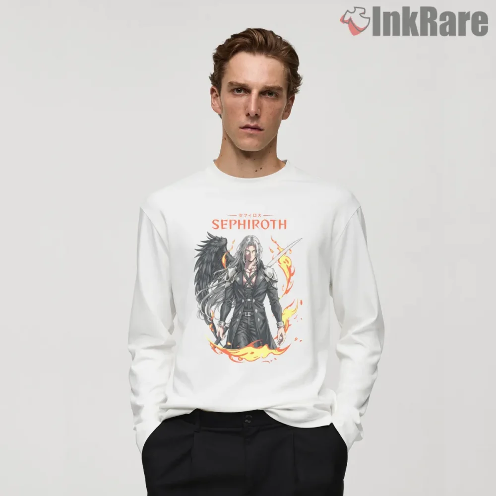 Final Fantasy Vii Sephiroth Fallen Angel Flame Aura Poster Shirt on white long sleeve shirt for men graphic tee