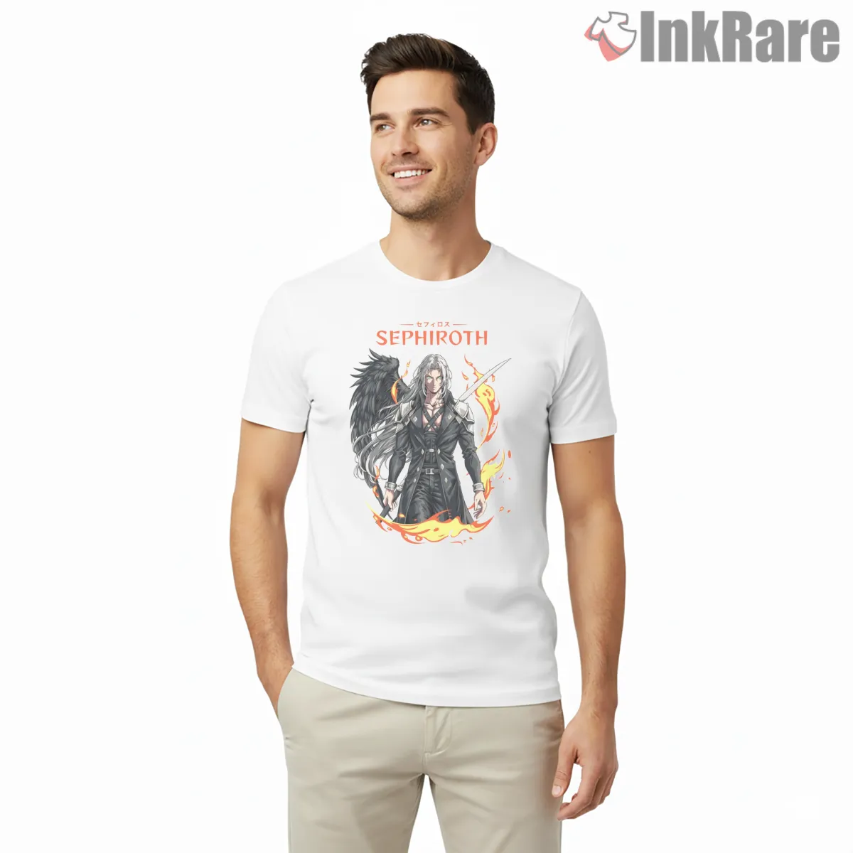 Final Fantasy Vii Sephiroth Fallen Angel Flame Aura Poster Short Sleeve White Final Fantasy Vii Sephiroth Fallen Angel Flame Aura Poster Shirt on white short sleeve shirt for men graphic tee