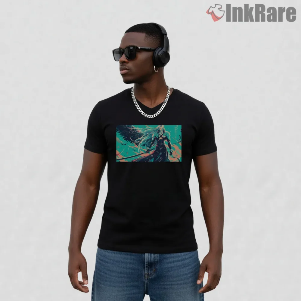 Final Fantasy Vii Sephiroth One Winged Angel Dynamic Art Shirt on black v-neck shirt for men graphic tee