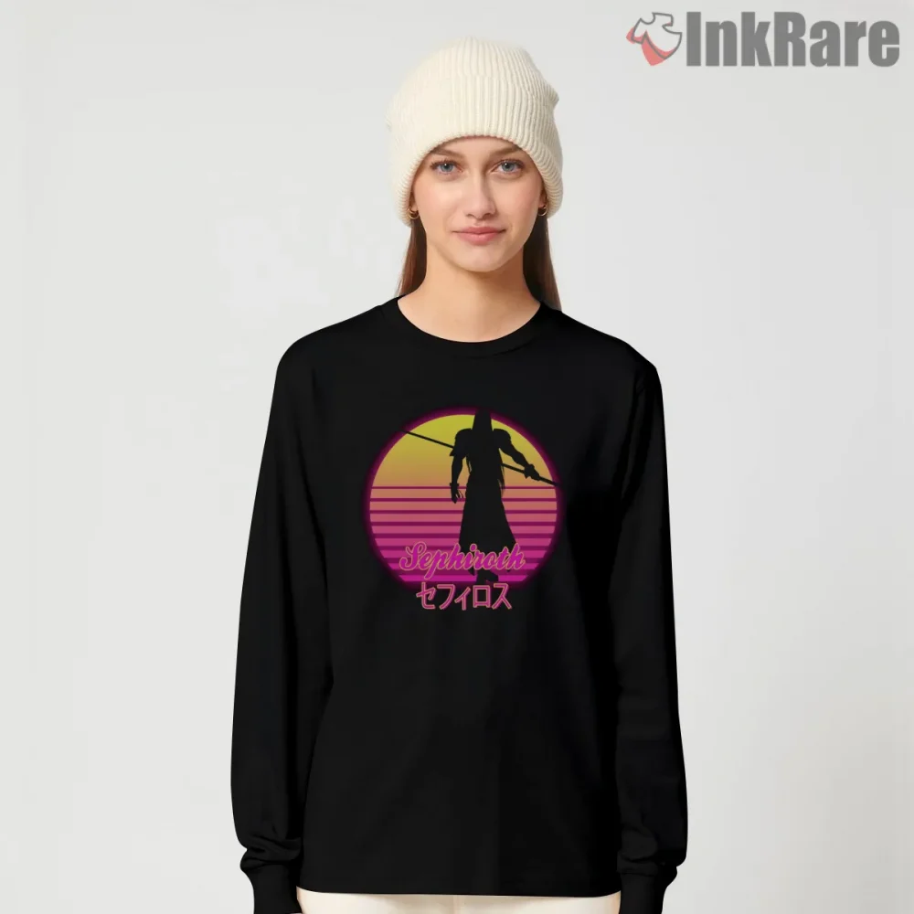 Final Fantasy Vii Sephiroth Retro Sunset Silhouette Shirt on black long sleeve shirt for women graphic tee