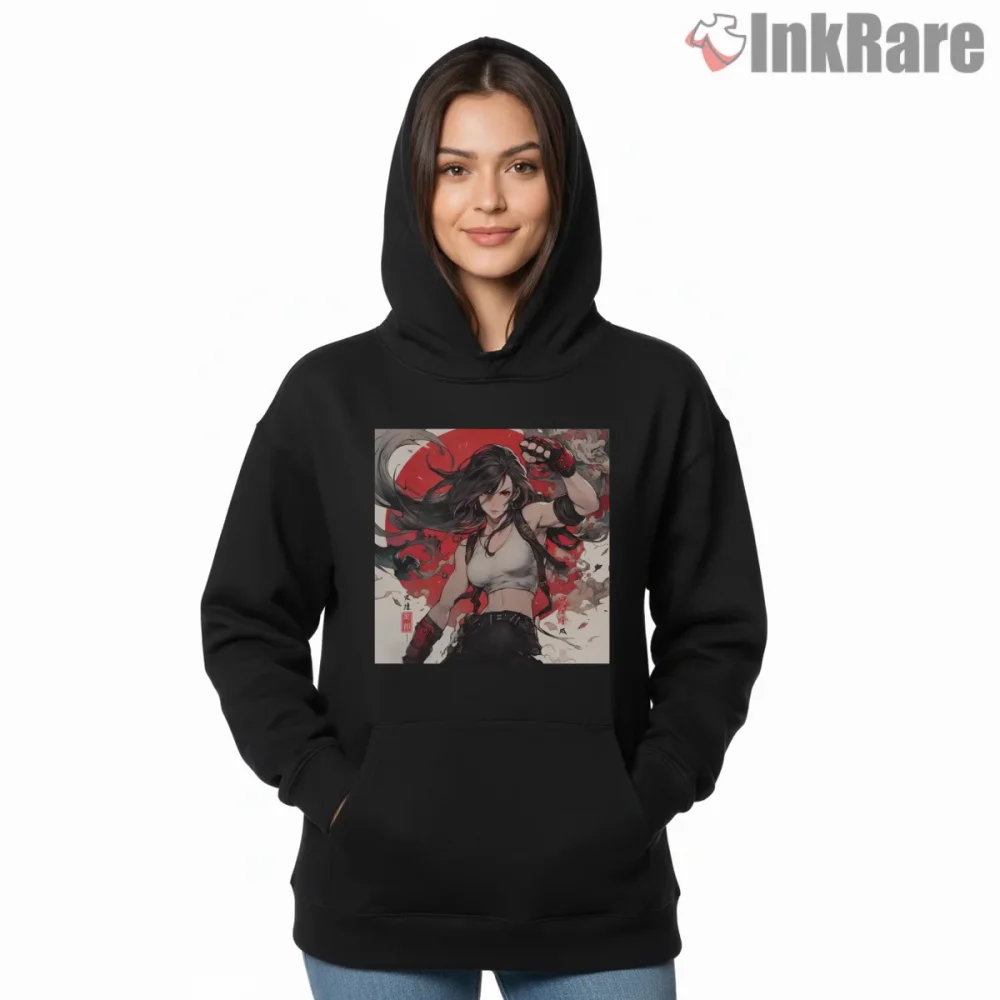 Final Fantasy Vii Tifa Dynamic Action Ink Art Shirt on black hoodie for women graphic tee