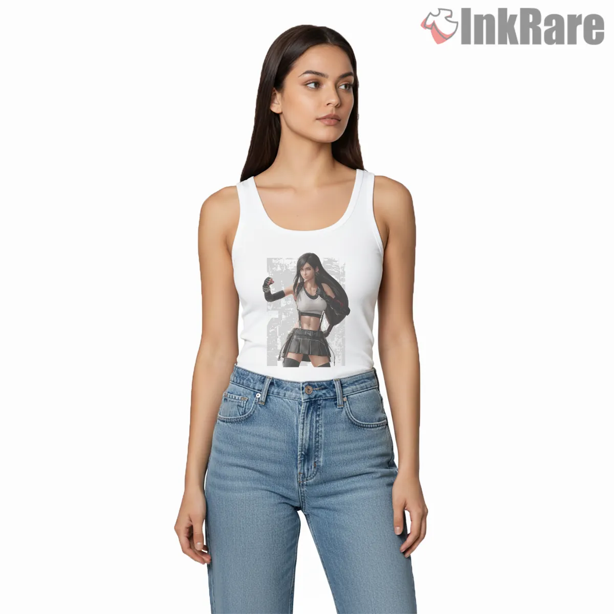 Final Fantasy Vii Tifa Lockhart Action Fighter Portrait Tank Top White Final Fantasy Vii Tifa Lockhart Action Fighter Portrait Shirt on white tank top for women graphic tee