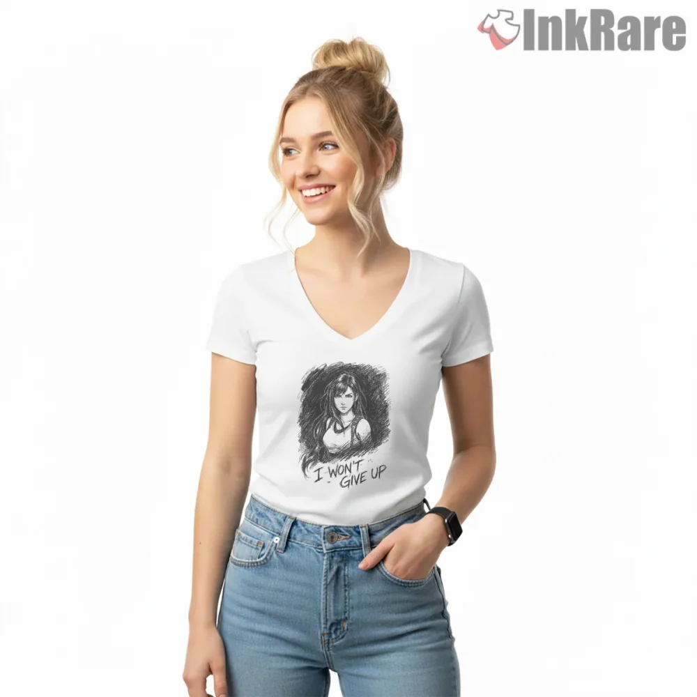 Final Fantasy Vii Tifa Lockhart Determined Sketch Portrait Shirt on white v-neck shirt for women graphic tee