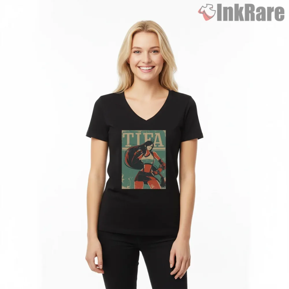 Final Fantasy Vii Tifa Lockhart Retro Poster Style Shirt on black v-neck shirt for women graphic tee