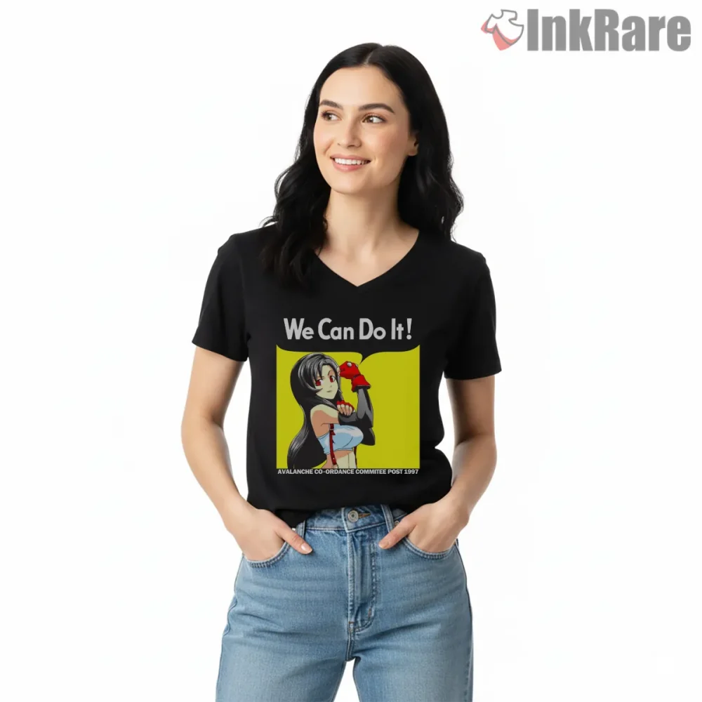 Final Fantasy Vii Tifa We Can Do It Retro Poster Shirt on black v-neck shirt for women graphic tee